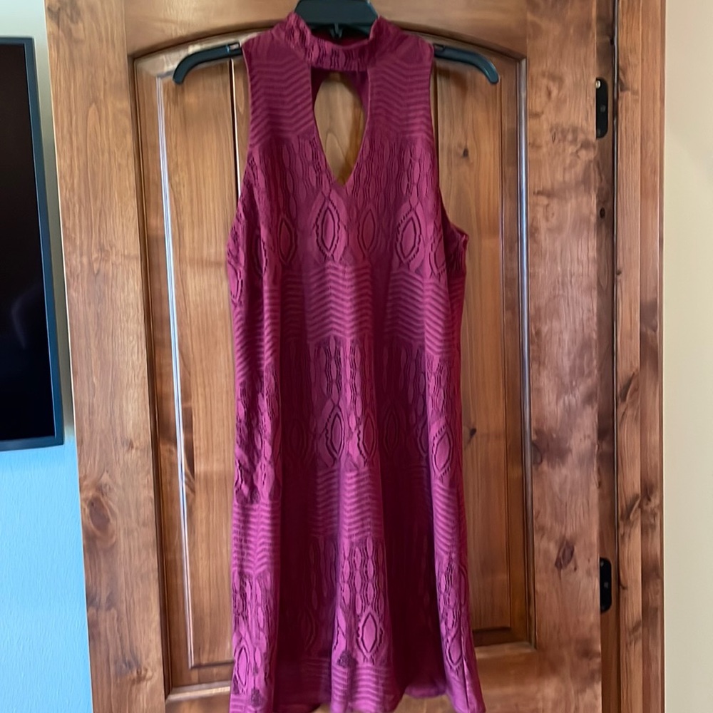 Burgundy lace slip dress with solid slip under and keyhole neck